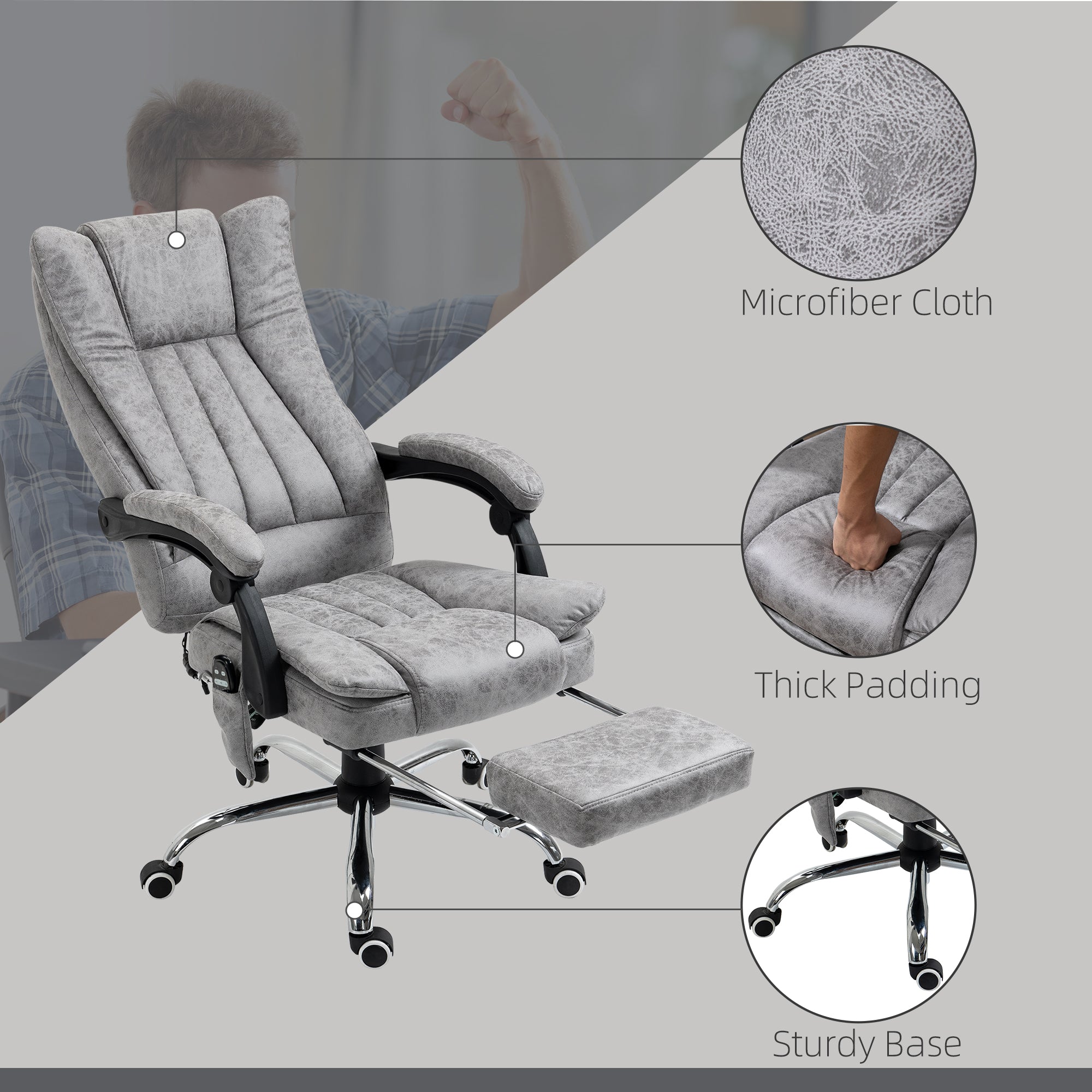 Vinsetto Office Chair with Massage and Heat, Microfibre Reclining Computer Desk Chair with Footrest and Adjustable Height, Swivel Wheels for Home Office, Grey